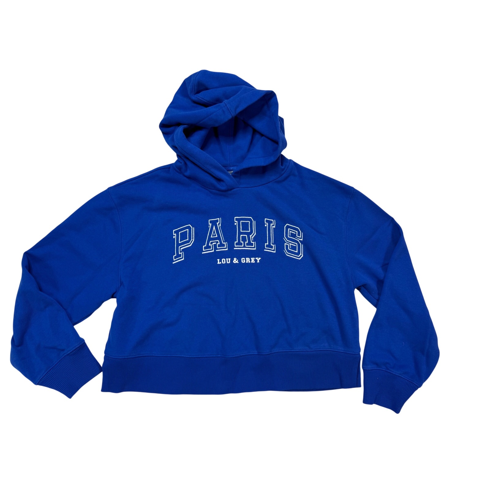 Lou & Grey Paris Graphic Hoodie Womens L Blue Excellent Cropped Fleece Pullover